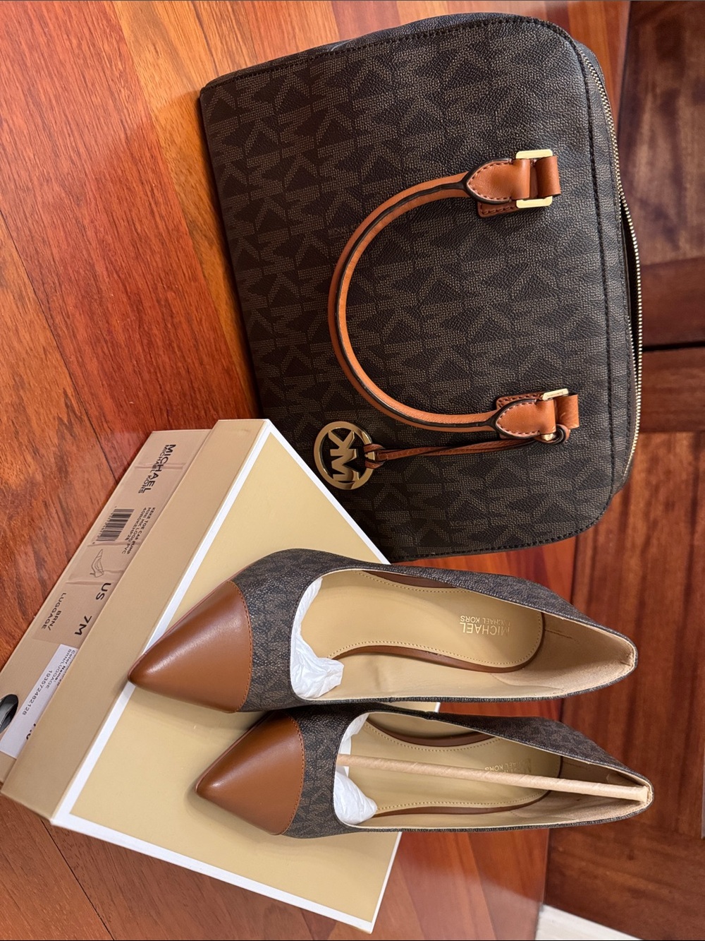 Michael Kors SET Brown and Tan Monogram Pointed Toe Flats and Handbag